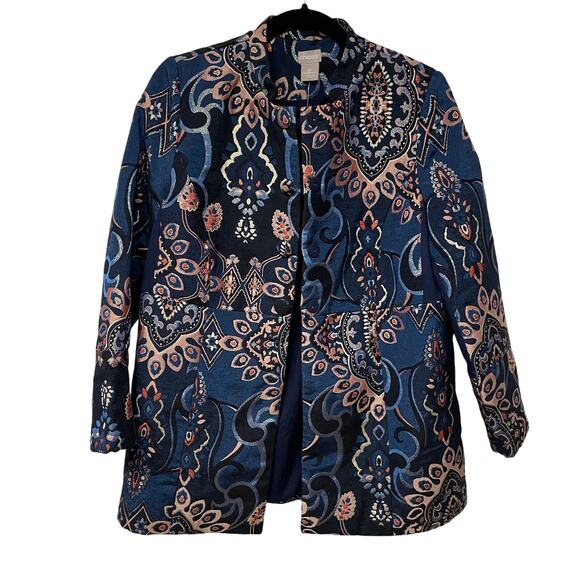 Chicos Blue Gold Metallic Brocade Mandarin Collar Blazer Jacket Women 0P/4P/SP - Picture 1 of 14